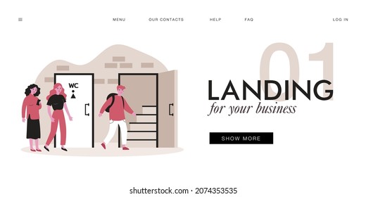 Queue to men and women restrooms. Flat vector illustration. Women waiting at door while man entering public toilet. Hygiene, need, gender concept for banner design or landing page