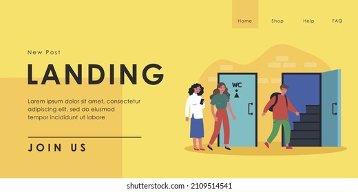 Queue to men and women restrooms. Flat vector illustration. Women waiting at door while man entering public toilet. Hygiene, need, gender concept for banner design or landing page