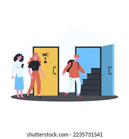 Queue to men and women restrooms. Flat vector illustration. Women waiting at door while man entering public toilet. Hygiene, need, gender concept for banner design or landing page