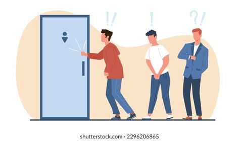 Schlange zu Herren Zimmer, Männer warten an der Toilettentür, in der Warteschlange stehen. Unglückliche männliche und weibliche Charaktere fühlen sich schlecht, die Menschen müssen pissen, besetzte Wc Cartoon flach einzelne Vektorbegriff