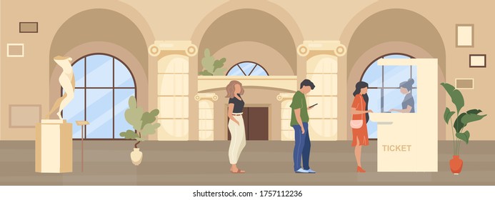 Queue to museum ticket booth flat color vector illustration. People wait inside hall to buy pass for exhibition. Admission to gallery. Tourist 2D cartoon characters with interior on background