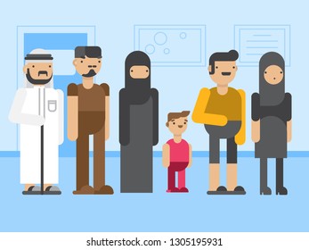 Queue and Muslim people at the hall, traditional arab clothes