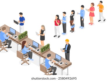 Queue for office workers. Social services, administration, tax office or notary services. Bank clerks at work, isometric characters in waiting line, vector scene