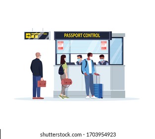 Queue to passport control semi flat RGB color vector illustration. Registration in airport terminal during virus outbreak. Control counter. Checkin isolated cartoon character on white background