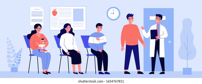 Queue of patient sitting at therapist office in clinic. People visiting medical practitioner for examination in hospital. Vector illustration for doctor, healthcare, medicine, health concept