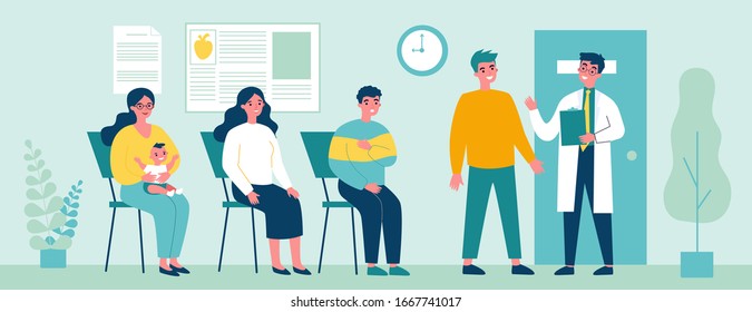 Queue of patient sitting at therapist office in clinic. People visiting medical practitioner for examination in hospital. Vector illustration for doctor, healthcare, medicine, health concept