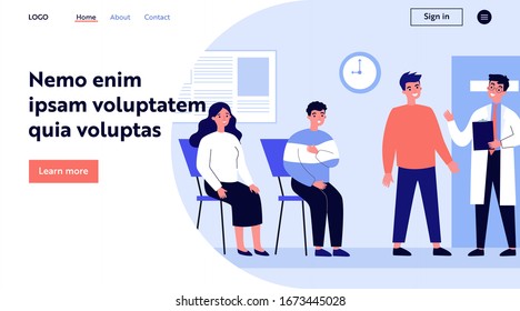 Queue of patient sitting at therapist office in clinic. People visiting medical practitioner for examination in hospital. Vector illustration for doctor, healthcare, medicine, health concept
