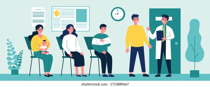 Queue of patient sitting at therapist office in clinic. People visiting medical practitioner for examination in hospital. Vector illustration for doctor, healthcare, medicine, health concept