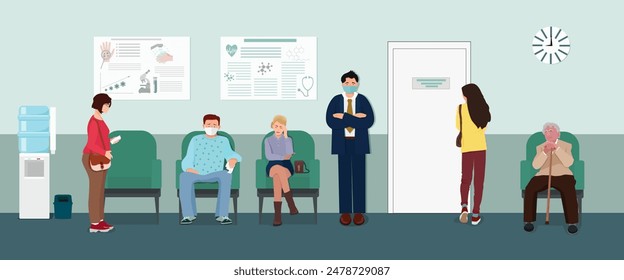 The queue of patients for an appointment with a doctor in the corridor of the polyclinic. Vector illustration.