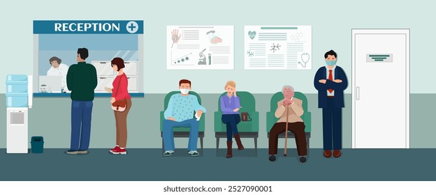 A fila de pacientes no registro e para uma consulta com um médico na policlínica. Ilustração vetorial.