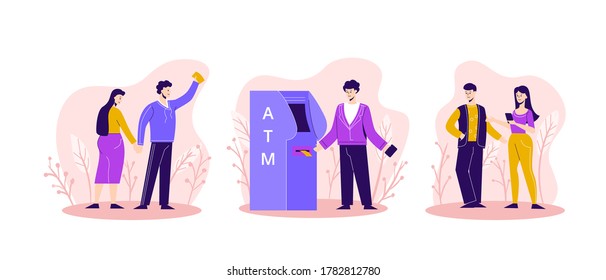 Warteschleifen Sie Menschen in die ATM-Illustration. Männer und Frauen stehen zur Seite, um Bargeld von einem Geldautomaten abzuheben, der ungeduldig auf die elektronische Transaktionsnachbefüllung des Kreditkontos Vektor wartet.