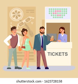 Queue People Buy Cinema Tickets At Service Movie Ticket Counter Theater. Flat Art Vector Illustration