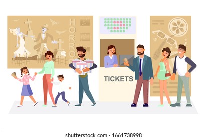 Queue People Buy Cinema Tickets At Service Movie Ticket Counter Theater. Children With Parents Going To The Cinema. Flat Art Vector Illustration 