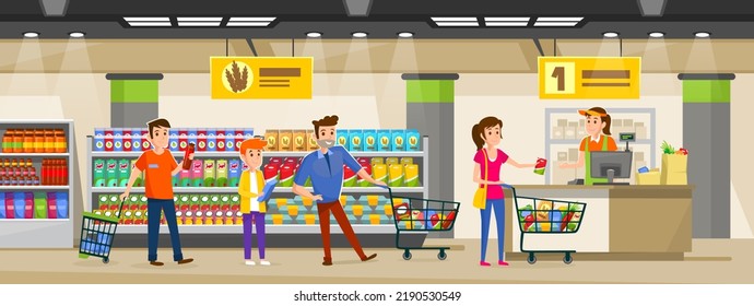 A queue of people with carts and baskets in a supermarket before a counter. Customers pay the cashier for their purchases. Grocery shop interior design. Cartoon style vector illustration.