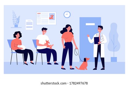 Queue of people with cats and dogs waiting their turn at vet doctor office in clinic. Vector illustration for sick pet, veterinarian hospital, animal care concept