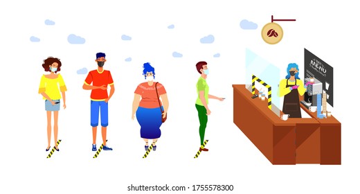 The queue of people in the coffee shop. Keeping the distance in the queue. The coffee shop opened. Secure purchases. People in masks, the salesman in gloves. Taking care of users.