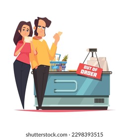 Queue people composition with doodle style human characters at store checkout vector illustration