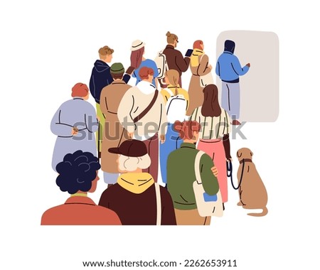 Queue, people crowd standing, waiting for turn. Big characters crowd, many men, women in line to door, entrance, back view. Customers queuing. Flat vector illustration isolated on white background