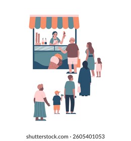 Queue of people of different nationalities standing at kiosk for ice cream. Selling ice cream on the street. People want ice cream in summer. Flat vector illustration