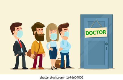The queue of people to the doctor. Patients in medical masks stand in line to a specialist therapist. A lot of sick people, flu epidemic. Medical vector illustration, flat cartoon, isolated on white.