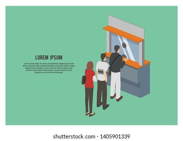 Queue Of People In Front Of A Ticket Box Simple Illustration In Isometric View