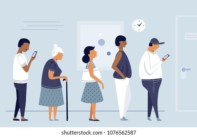 Queue of people, group of men and women waiting for, flat character design, vector illustration.