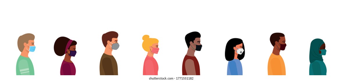 A queue of people in medical and fabric masks, respirators, keeping a social distance. Boys and girls of various nationalities. Vector cartoon illustration. 