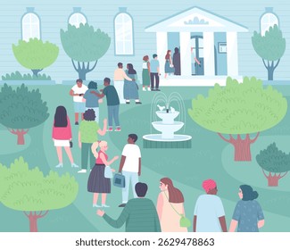 Queue of people to the museum. People stand in line to enter the building. In the summer, people stand in the park to enter the museum. Flat vector illustration.