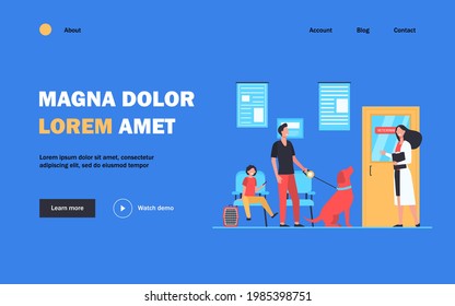 Queue of people with pets at vet room. Veterinary inviting man with cute dog in her office. Vector illustration for animal care, veterinarian clinic or hospital concept