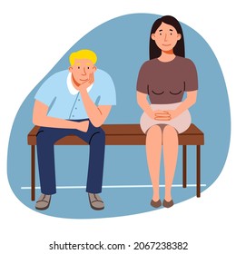en la cola de espera. la gente está sentada en fila en un banco. ilustración vectorial