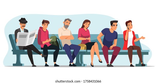 Queue people sitting on blue bench, waiting their turn. Man reading newspaper, chatting online, sleeping, woman looking at watch, talking on phone, isolated objects. Vector character illustration