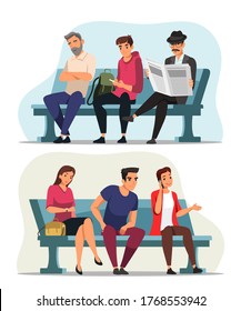 Queue people sitting on blue bench, waiting their turn. Man reading newspaper, chatting online, sleeping, woman looking at watch, talking on phone, isolated objects. Vector character illustration