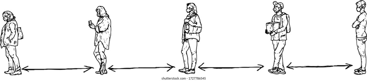 A queue of people standing at safe distance for the concept of social distancing. Hand drawn vector illustration.