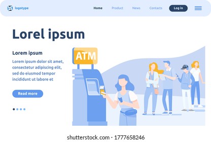 Queue of people standing for using ATM. Bank customer inserting credit card to slot for transaction. Vector illustration for business, banking, finance concept