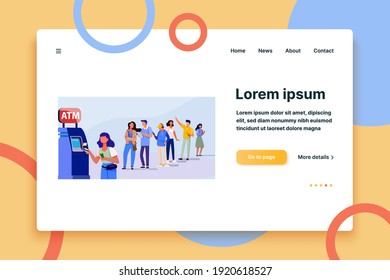 Queue of people standing for using ATM. Bank customer inserting credit card to slot for transaction. Vector illustration for business, banking, finance concept