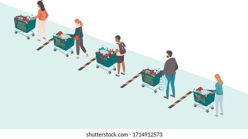 Cola de personas con carritos de compras en supermercado durante el brote pandémico del coronavirus COVID-19.Concepto de distanciamiento social. Ilustración vectorial plana