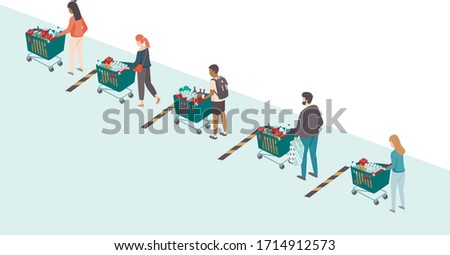 Queue of people with shopping carts in supermarket during coronavirus COVID-19 pandemic outbreak. Social distancing concept. Flat vector illustration