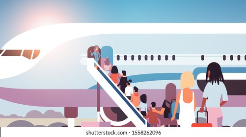 queue of people travelers with luggage going to plane mix race rear view passengers climb the ladder to board aircraft boarding travel concept flat horizontal vector illustration