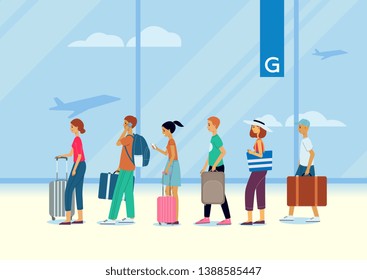 A queue of people, traveling passengers and tourists at the airport with luggage, waiting for check-in or departure to the gate. Vector flat illustration.