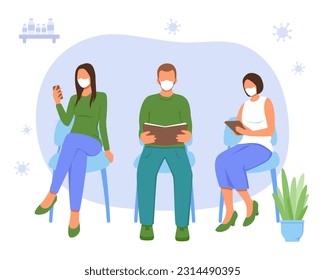 Queue of people for vaccination. Young man and ladies in line in medical masks, waiting for vaccine in hospital. Cartoon flat vector illustration in blue and green colors