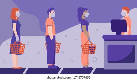 the queue of people waiting behind the line in gloves and masks prevention of coronavirus flat illustration of the rules for preventing the spread of covid-19 and social distance