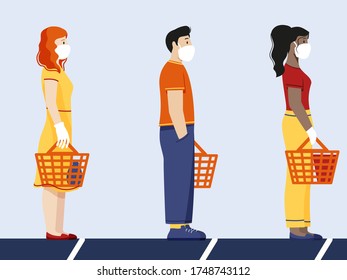 the queue of people waiting behind the line in gloves and masks prevention of coronavirus flat illustration of the rules for preventing the spread of covid-19 and social distance
