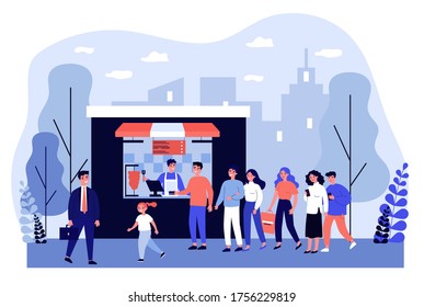 Cola de gente esperando en el mostrador de comida rápida. Multitud de clientes, kebab, hora de la cena ilustración vectorial plana. Comida callejera, concepto de estilo de vida para banner, diseño de sitios web o página web de aterrizaje