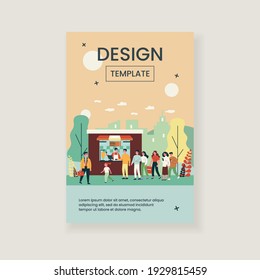 Warteschlange von Menschen, die an einem Fast-Food-Kiosk-Schalter warten. Menge der Kunden, Kebab, Abendessen Zeit flache Vektorgrafik. Straßennahrung, Lifestyle-Konzept für Banner, Website-Design oder Landing-Webseite