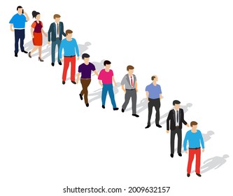 Una cola de gente esperando su turno parados en la calle por diseño e ilustración conceptual de negocios.