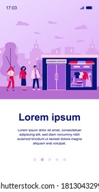 Queue of people waiting trendy fashion outlet opening. Customers standing at store entrance doors. Vector illustration for shopping, sale event, boutique concept