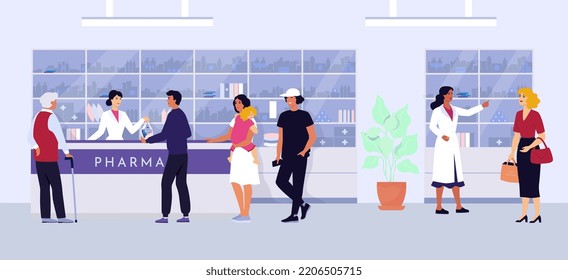 Queue in the pharmacy, chemistry. . People standing in line in the drugstore, buying medicines. Pharmacist selling the drugs, pills. Pharmacy interior. Consultation. Flat vector illustration.