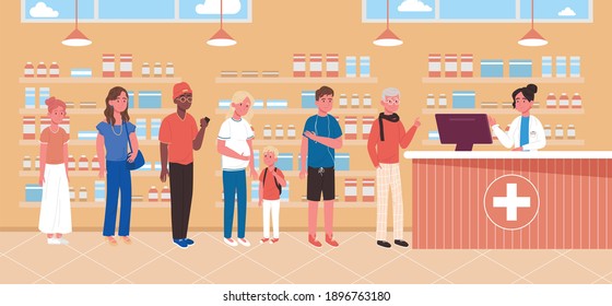 Queue in pharmacy interior. People buying medication in drugstore. Healthcare and medical concept. Vector illustration in cartoon style.