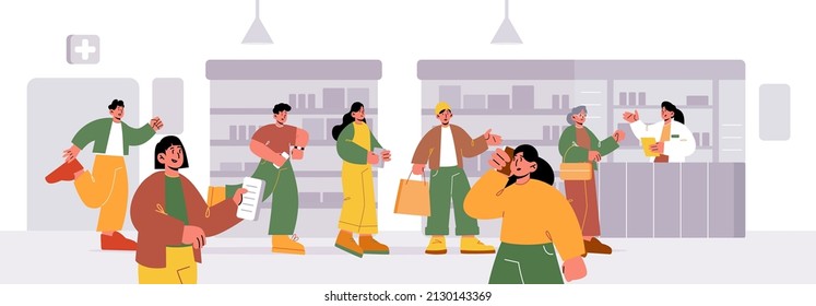 Queue In Pharmacy, People Line At Drug Store Counter Desk With Pharmacist. Customers Paying For Medicine Purchase, Choose Pills On Shelves. Characters Get Medicine Service Line Art Vector Illustration