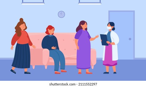 Queue of pregnant women to doctor at hospital or clinic. Ladies waiting for specialist appointment in hallway flat vector illustration. Pregnancy, motherhood concept for banner or landing web page